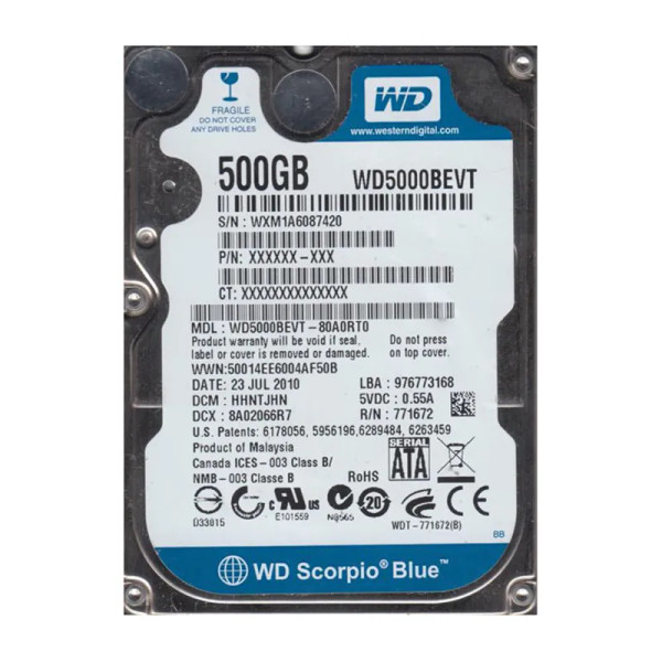 WD5000BEVT-80A0RT0 - WESTERN DIGITAL 500GB SATA 3Gb/s 5400RPM 2.5-Inch Hot-Swappable Hard Drive 8MB Cache RoHS Compliant