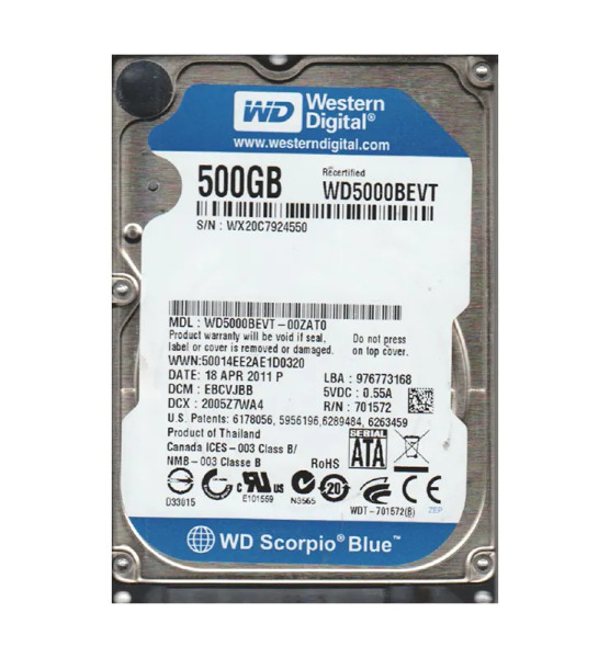 WD5000BEVT-00ZAT0 - WESTERN DIGITAL 500GB SATA 3Gb/s 5400RPM 2.5-Inch Hard Drive Hot-Swappable 8MB Cache RoHS Compliant