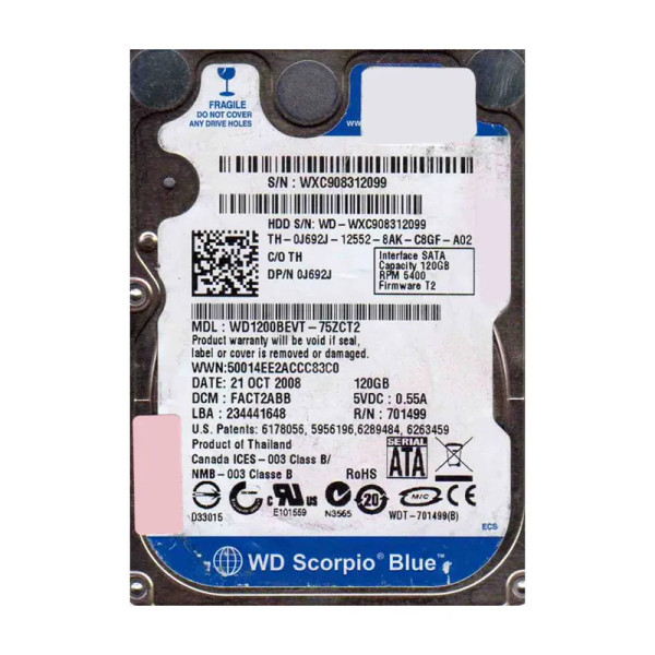 WD1200BEVT-75ZCT2 - Western Digital Scorpio Blue 120GB 5400RPM SATA 3Gb/s Hot-Swappable 8MB Cache RoHS 2.5-Inch Hard Drive