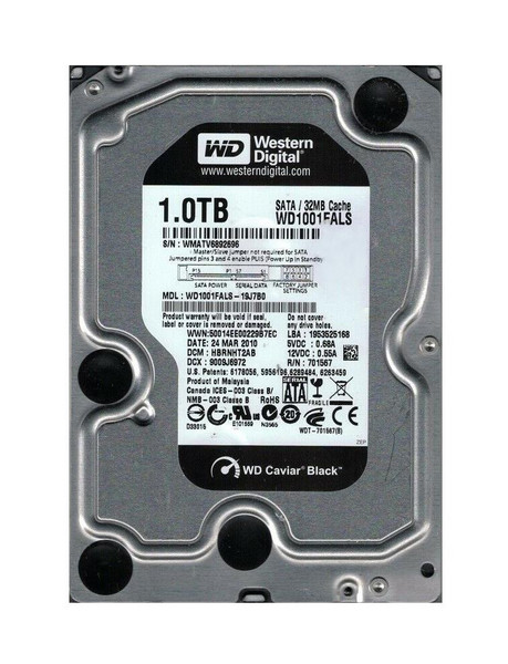 WD1001FALS-19J7B0 - WESTERN DIGITAL 1TB 7200RPM SATA 3Gbps 32MB Cache 3.5-inch Internal Hard Drive Caviar Black Storage