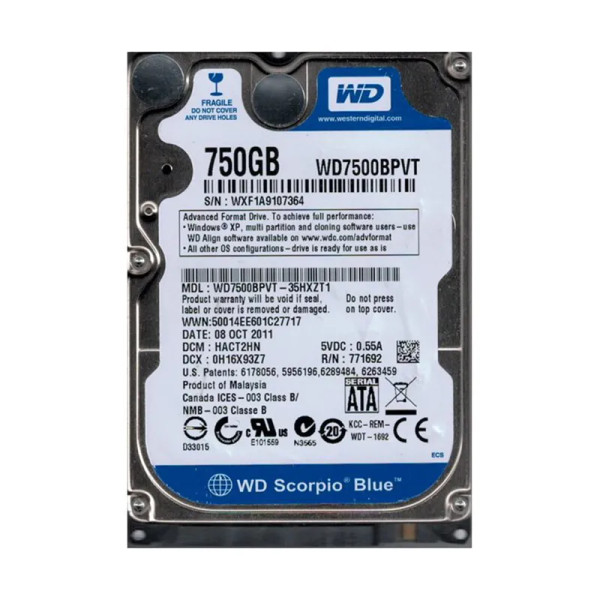 WD7500BPVT-35HXZT1 - Western Digital Scorpio Blue 750GB 5400RPM SATA 3Gb/s 8MB Cache 2.5-Inch Hard Drive