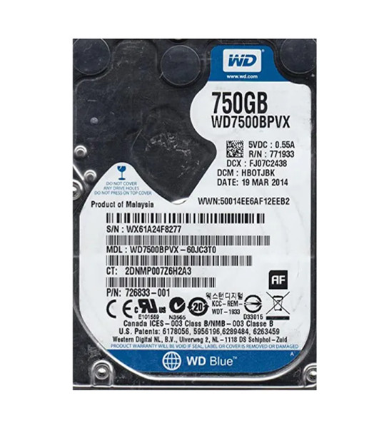 WD7500BPVX-60JC3T0 - Western Digital Blue 750GB 5400RPM SATA 6Gb/s 8MB Cache RoHS 2.5-Inch Hard Drive