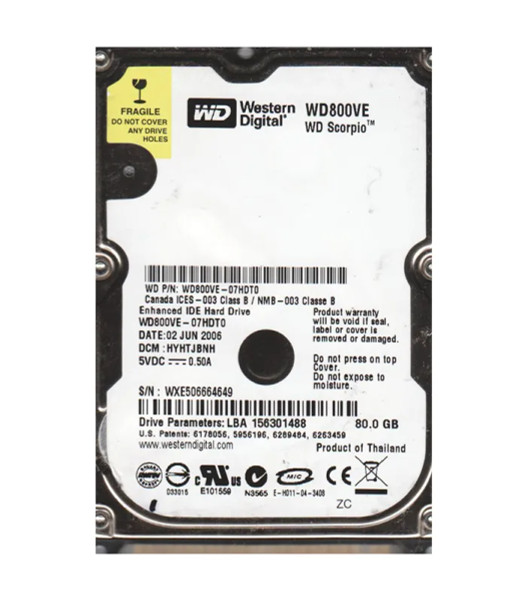 WD800VE-07HDT0 - Western Digital Scorpio 80GB 5400RPM ATA-100 8MB Cache 2.5-Inch Hard Drive