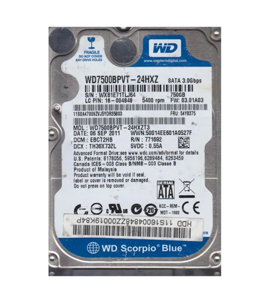 WD7500BPVT-24HXZT3 - Western Digital Scorpio Blue 750GB 5400RPM SATA 3Gb/s 8MB Cache 2.5-Inch Hard Drive