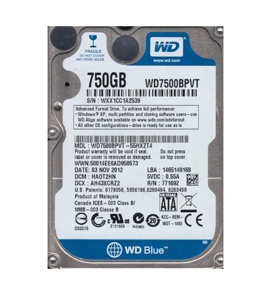WD7500BPVT-55HXZT4 - Western Digital Scorpio Blue 750GB 5400RPM SATA 3Gb/s 8MB Cache 2.5-Inch Hard Drive