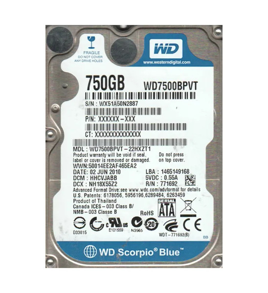 WD7500BPVT-22HXZT1 - Western Digital Scorpio Blue 750GB 5400RPM SATA 3Gb/s 8MB Cache 2.5-Inch Hard Drive