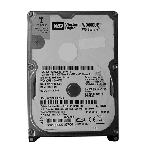 WD600UE-00KVT0 - WESTERN DIGITAL 60GB 5400RPM EIDE 2.5-Inch Hard Drive 2MB Cache Scorpio Internal Storage