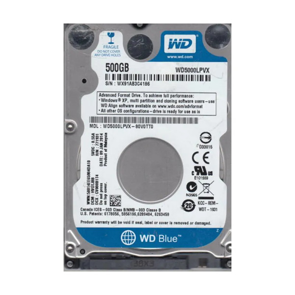 WD5000LPVX-80V0TT0 - Western Digital Blue 500GB 5400RPM SATA 6Gb/s 8MB Cache RoHS 2.5-Inch Hard Drive
