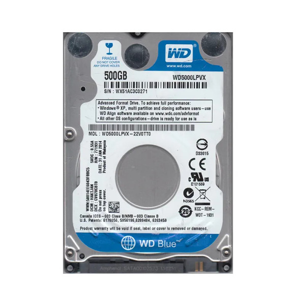 WD5000LPVX-22V0TT0 - Western Digital Blue 500GB 5400RPM SATA 6Gb/s 8MB Cache RoHS 2.5-Inch Hard Drive