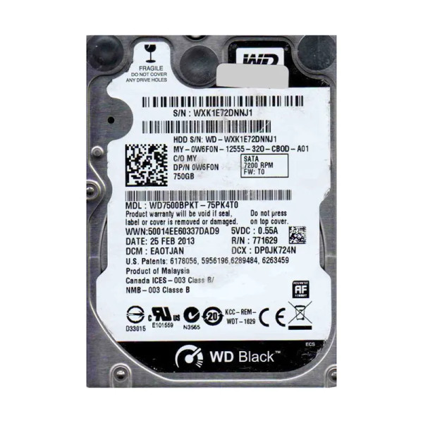 WD7500BPKT - Western Digital Scorpio Black 750GB 7200RPM SATA 3Gb/s 16MB Cache RoHS 2.5-Inch Hard Drive