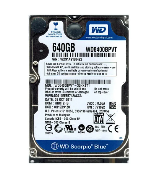 WD6400BPVT-35HXZT1 - Western Digital Scorpio Blue 640GB 5400RPM SATA 3Gb/s 8MB Cache 2.5-Inch Hard Drive