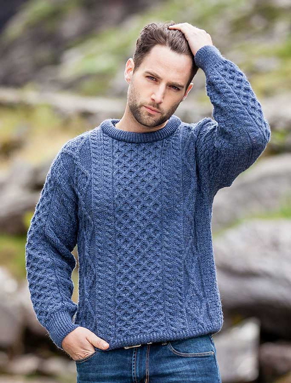 Lightweight Traditional Aran Mens Wool Sweater