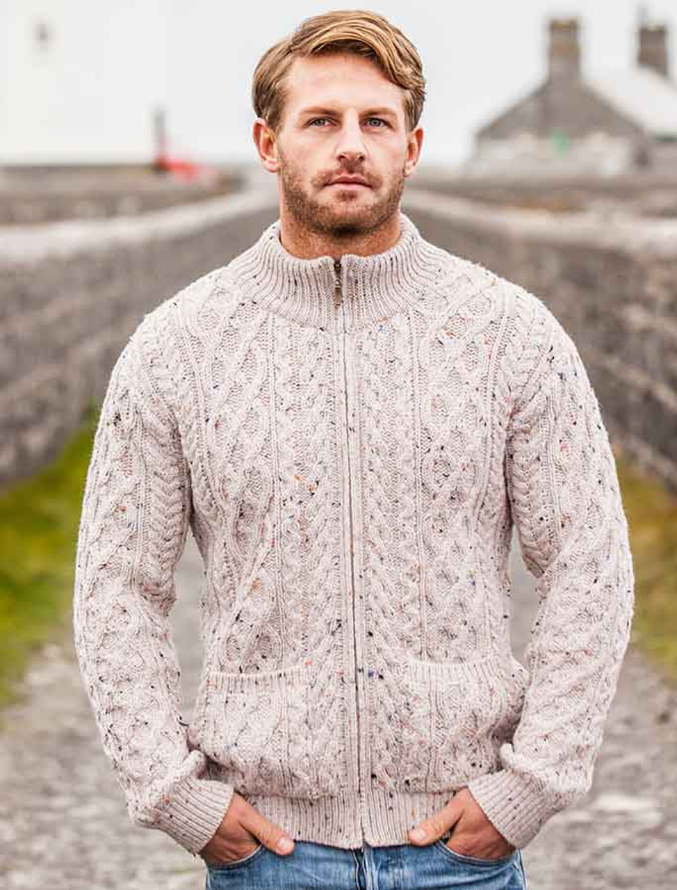 Organic Irish Wool Aran Half Zip Sweater- Oatmeal -Undyed- 100% Pure New  Organic Wool -Chunky & Heavy- Proper Aran Sweater - MADE IN IRELAND