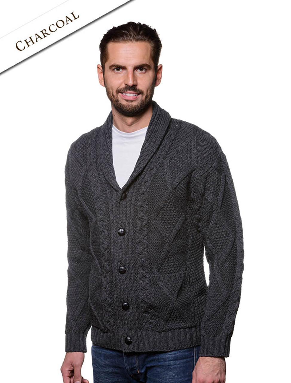 Mens Irish Cardigan, Shawl neck cardigan | Clan Arans