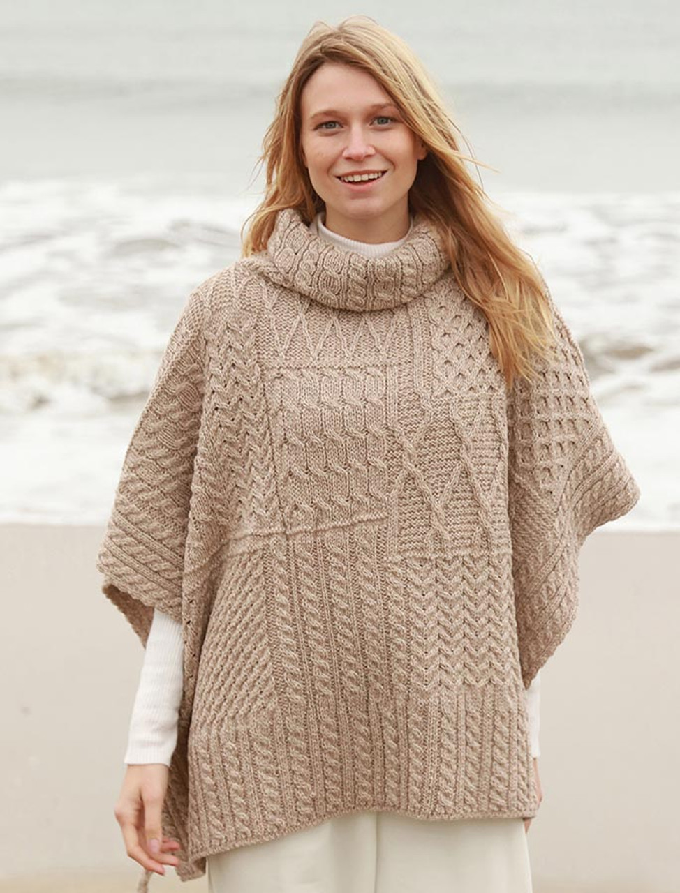 Merino Wool Patchwork Poncho with Collar