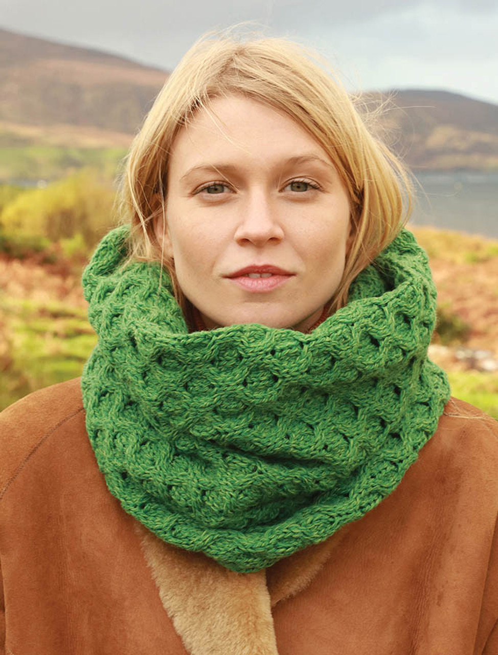 Aran Infinity Scarf with Buttons, 100% Merino Wool