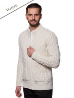 Diamond and Cable Knit Zip Cardigan with Pockets - Natural White