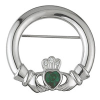 Rhodium Plated Claddagh Brooch with Crystal