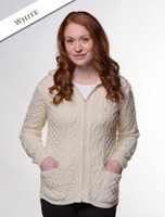 Cable Knit Hoodie with Celtic Knot Zipper Pull - White
