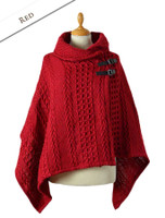 Shawl Collar Poncho with Leather Buckle Detail - Red