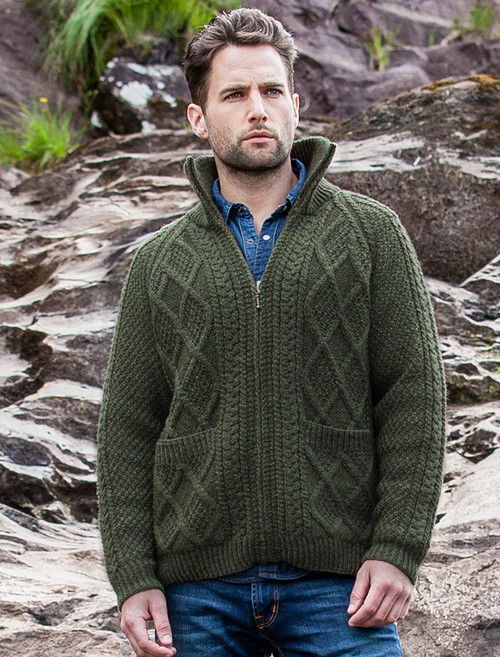 Hand Knit Zipper Cardigan with Pockets - Moss Green