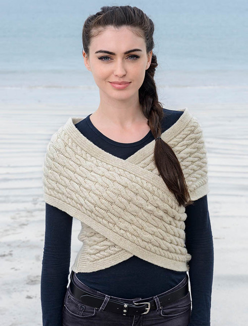 Wool Cashmere Aran Wrap with Buttoned Side - Oatmeal