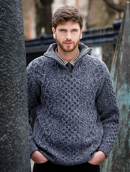 Wool Cashmere Aran Troyer Sweater - Navy Marl