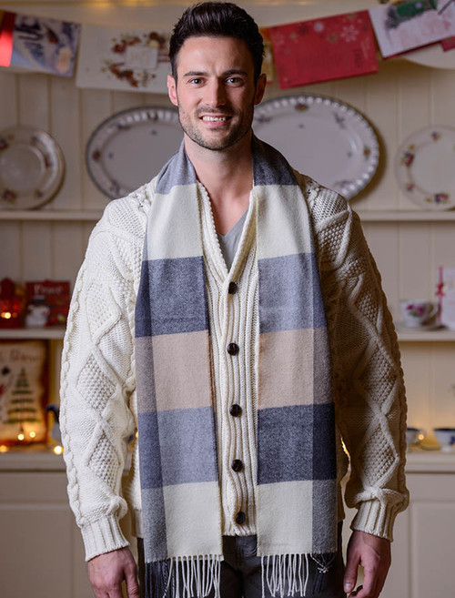 Fine Merino Check Scarf - Cream Grey Beige