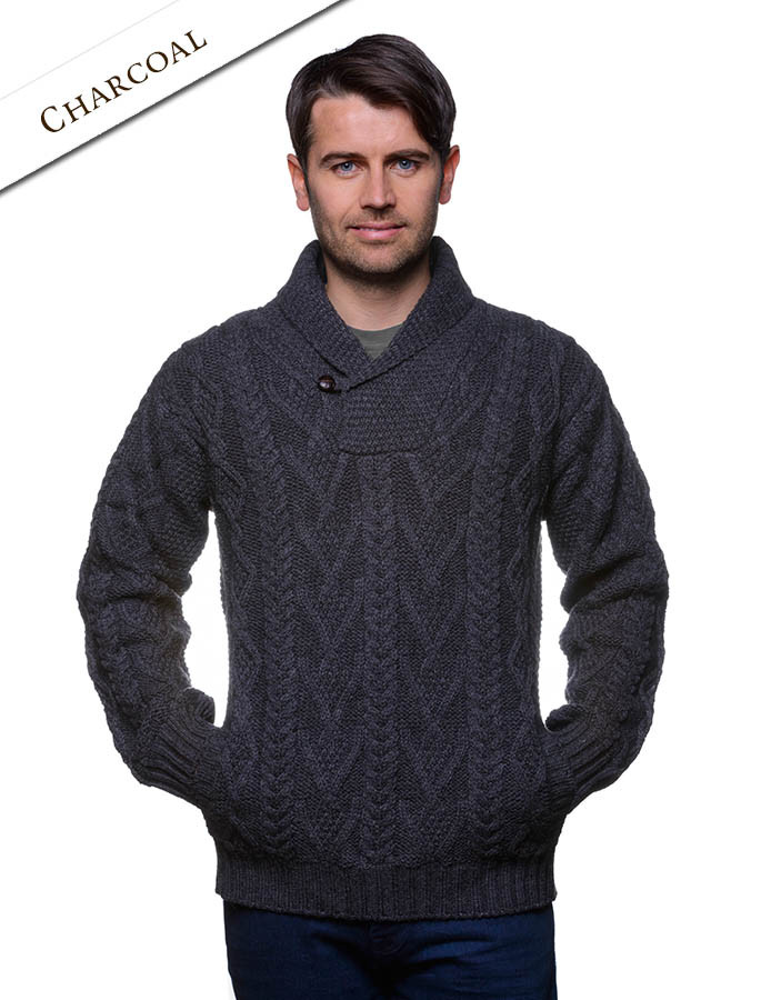One Button Sweater, Irish Shawl Neck Sweater | Clan Arans