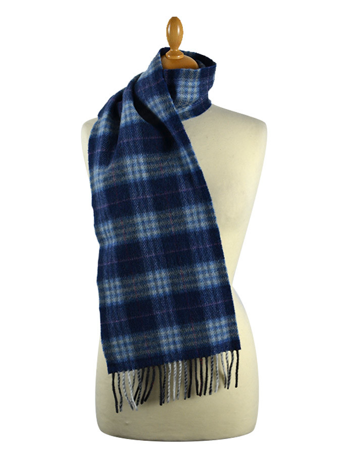 Narrow Lambswool Checked Scarf - Denim Blue Red