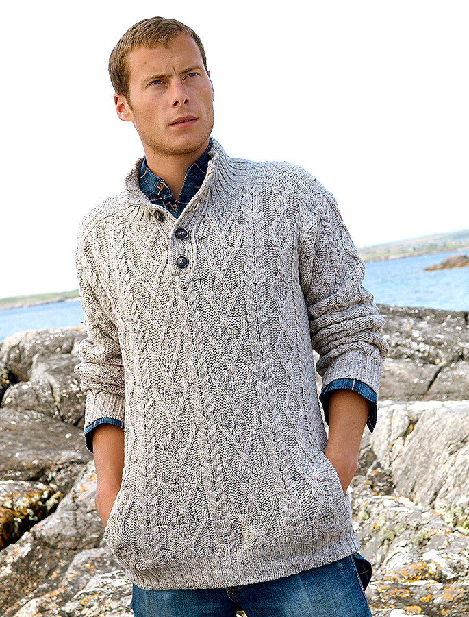 Mens cable knit sweater, Buttoned wool sweater | Clan Arans