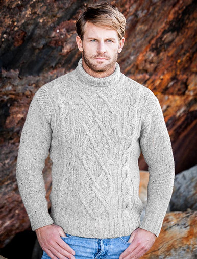 Wool Cashmere Aran Mock Turtleneck Sweater