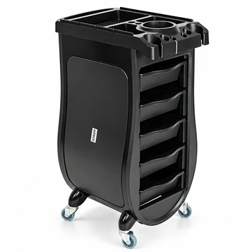 Black professional salon trolley with five pull-out drawers, built-in top tool compartments and caster wheels.
