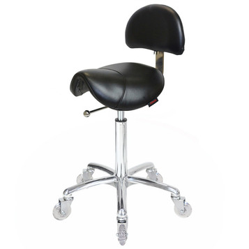 Saddle Black Salon Stool with Back - Chrome Base Saddle Black Salon Stool with Back - Chrome Base