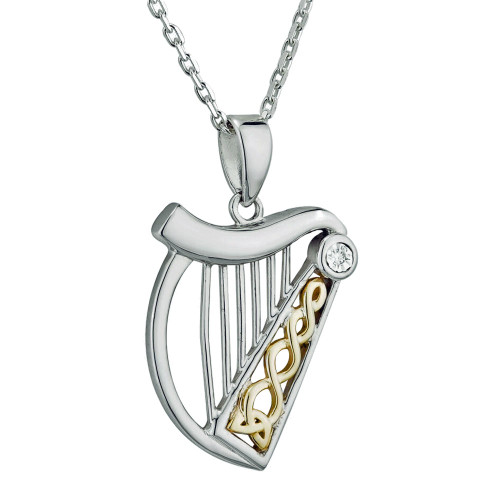 Harp Pendant Silver & Gold with Real Diamond