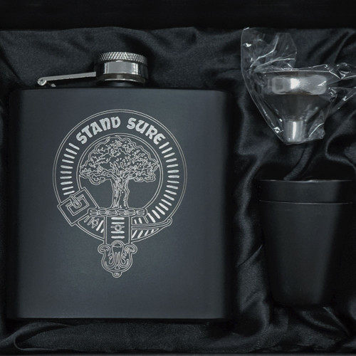 Hip Flask - Scottish Clan Matt Black Gift Set (6oz)