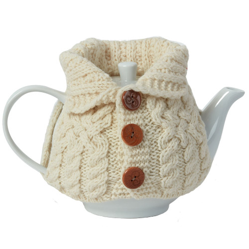 Aran Cable Knit Buttoned Tea Cosy White