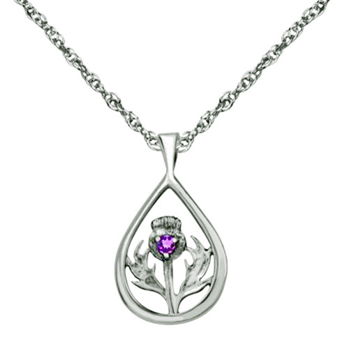 Sterling Silver Pendant, featuring a traditional Scottish Thistle, the national emblem of Scotland, and enhanced with an Amethyst colour stone.
