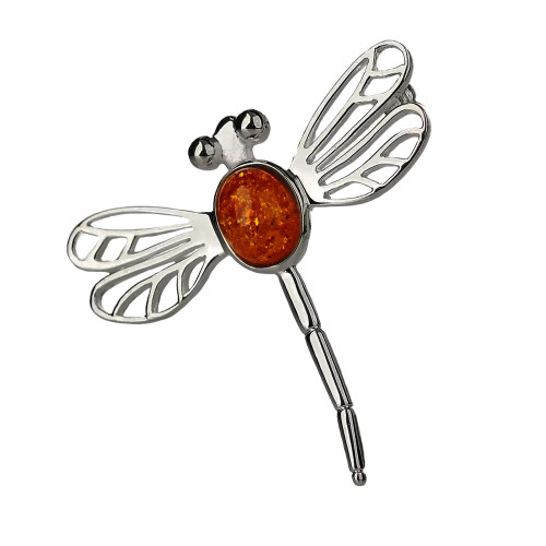 Outlander Inspired Silver Plate & Amber Dragonfly Brooch
