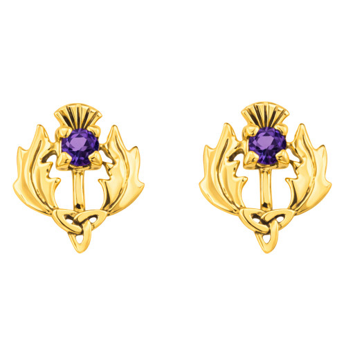 Scottish Thistle Sterling Silver Ear Rings with a Gold Finish, Amethyst coloured glass stone
