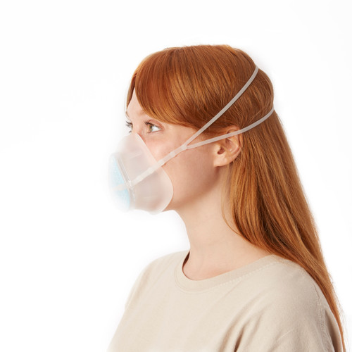 Woman wearing reusable face mask side on to show straps around her head.