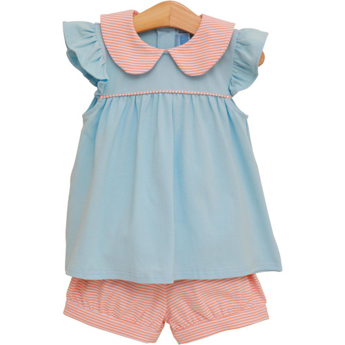 Trotter Street Kids *GENEVIEVE BANDED SHORT SET* Coral Stripe/Light Blue
