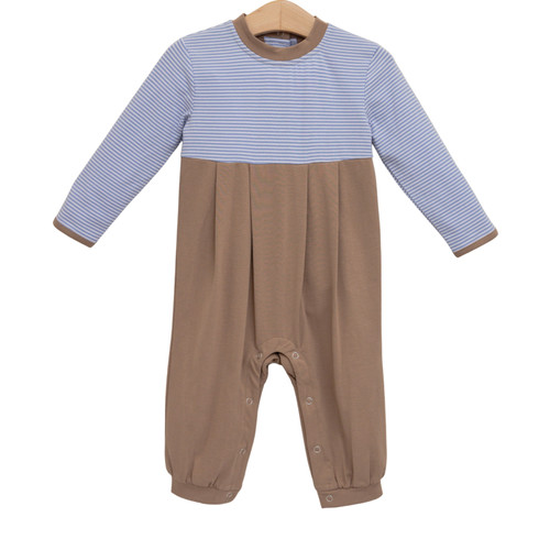 Trotter Street Kids *PRESTON ROMPER* Dusty Blue Stripe/Brown