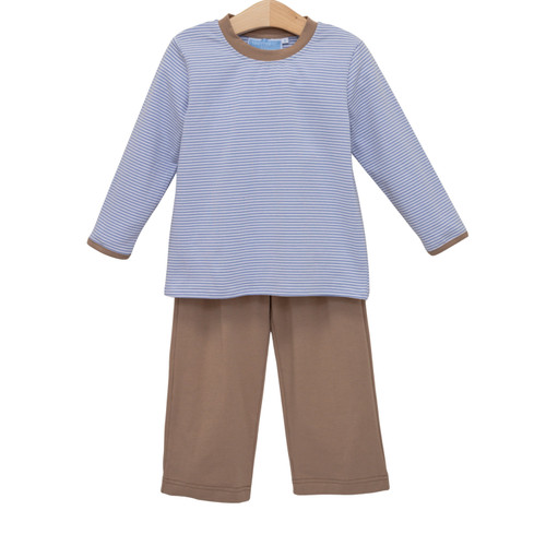 Trotter Street Kids *MILLER PANT SET* Dusty Blue Stripe/Brown
