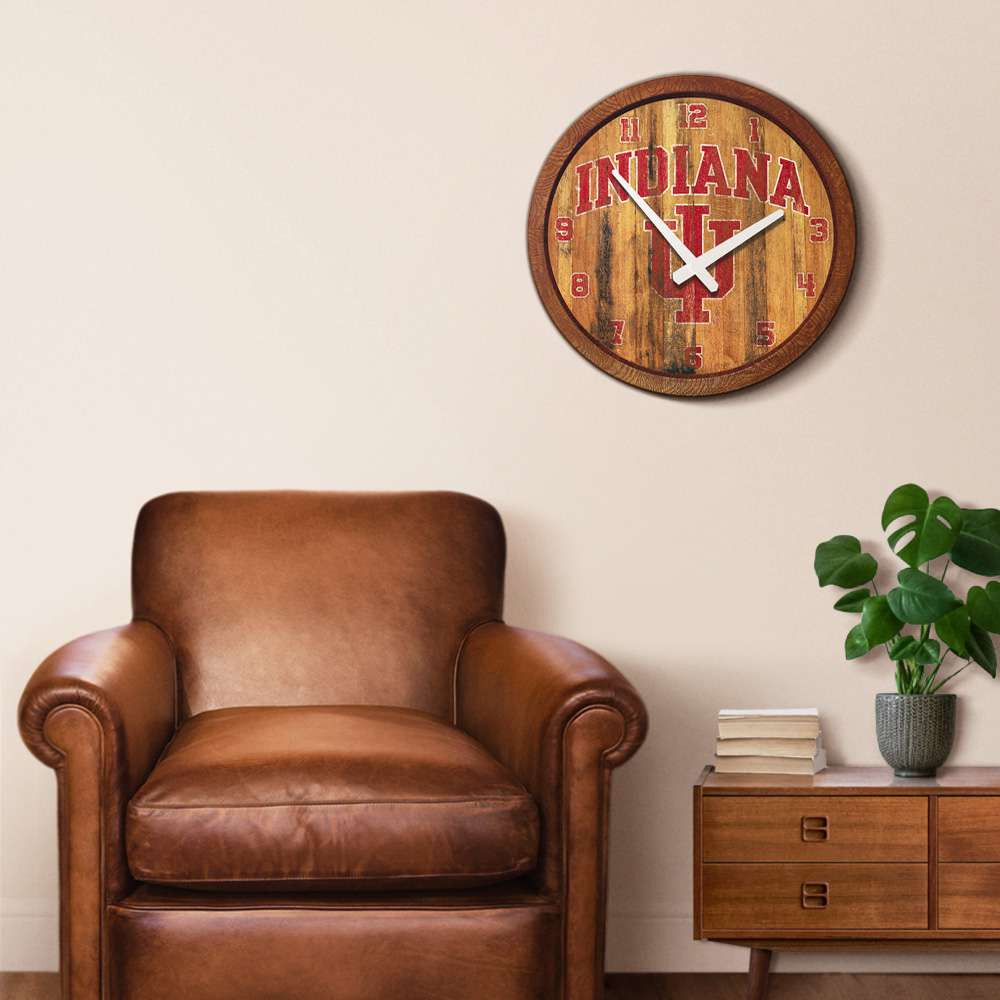 Indiana Hoosiers Weathered Faux Barrel Top Wall Clock