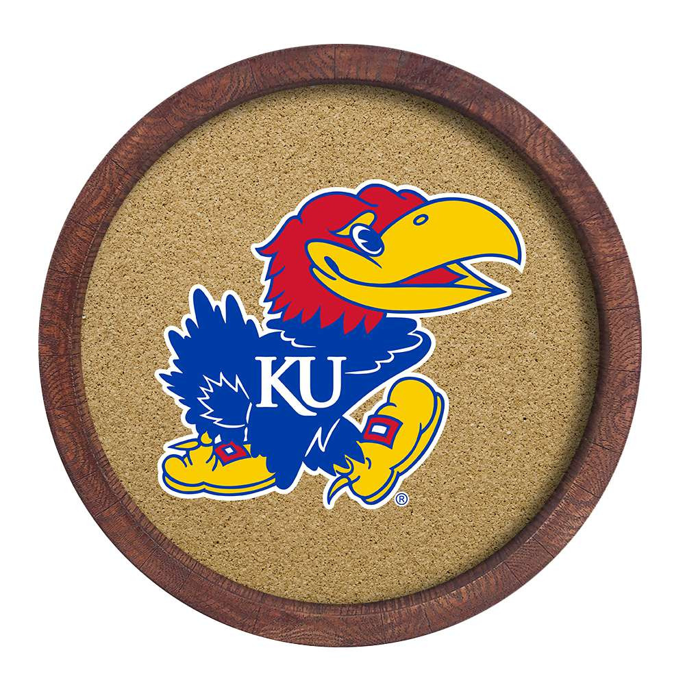 Kansas Jayhawks Faux Barrel Framed Cork Board - Color Logo | The Fan-Brand | NCKANS-632-01A