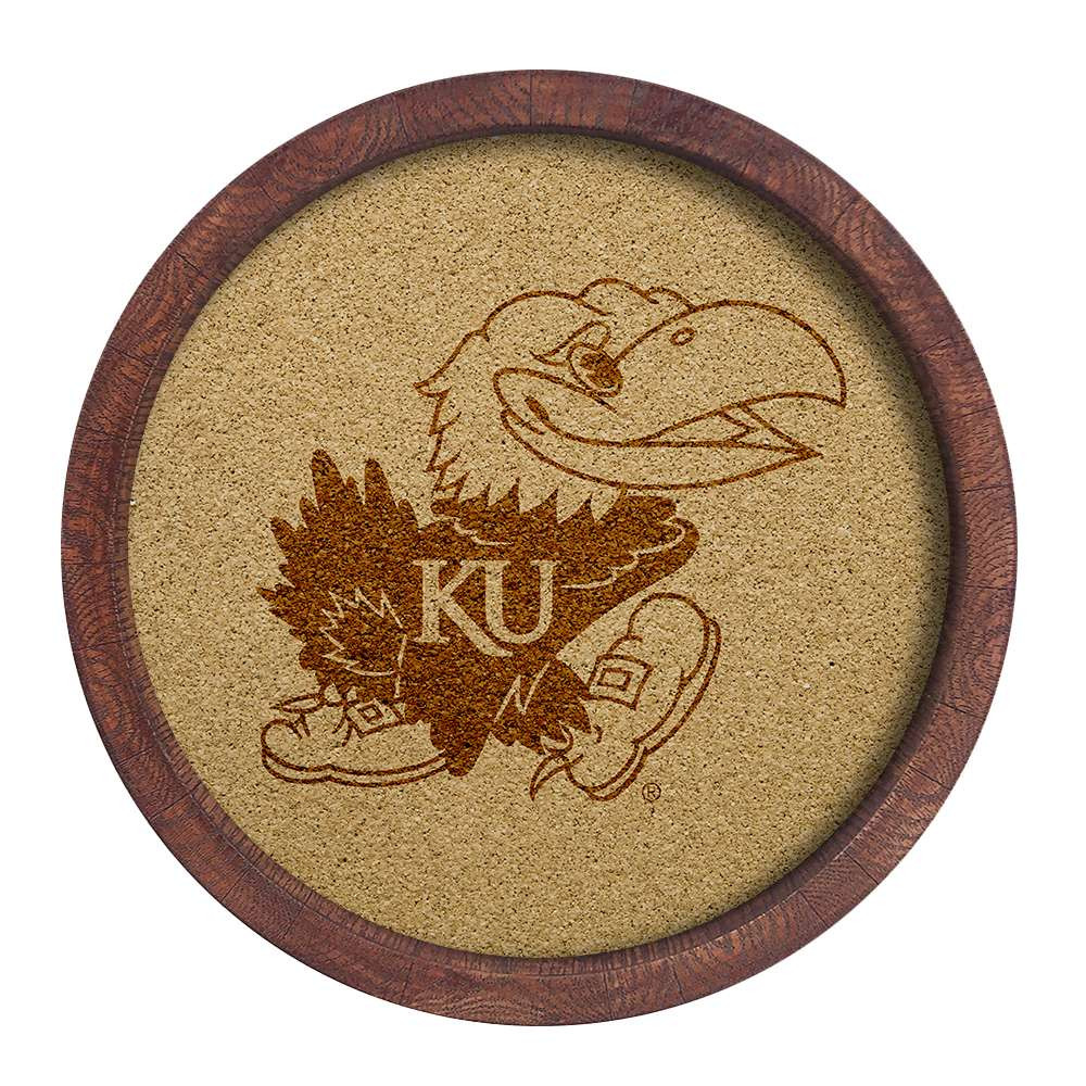 Kansas Jayhawks Faux Barrel Framed Cork Board - Monochrome Logo | The Fan-Brand | NCKANS-632-01B