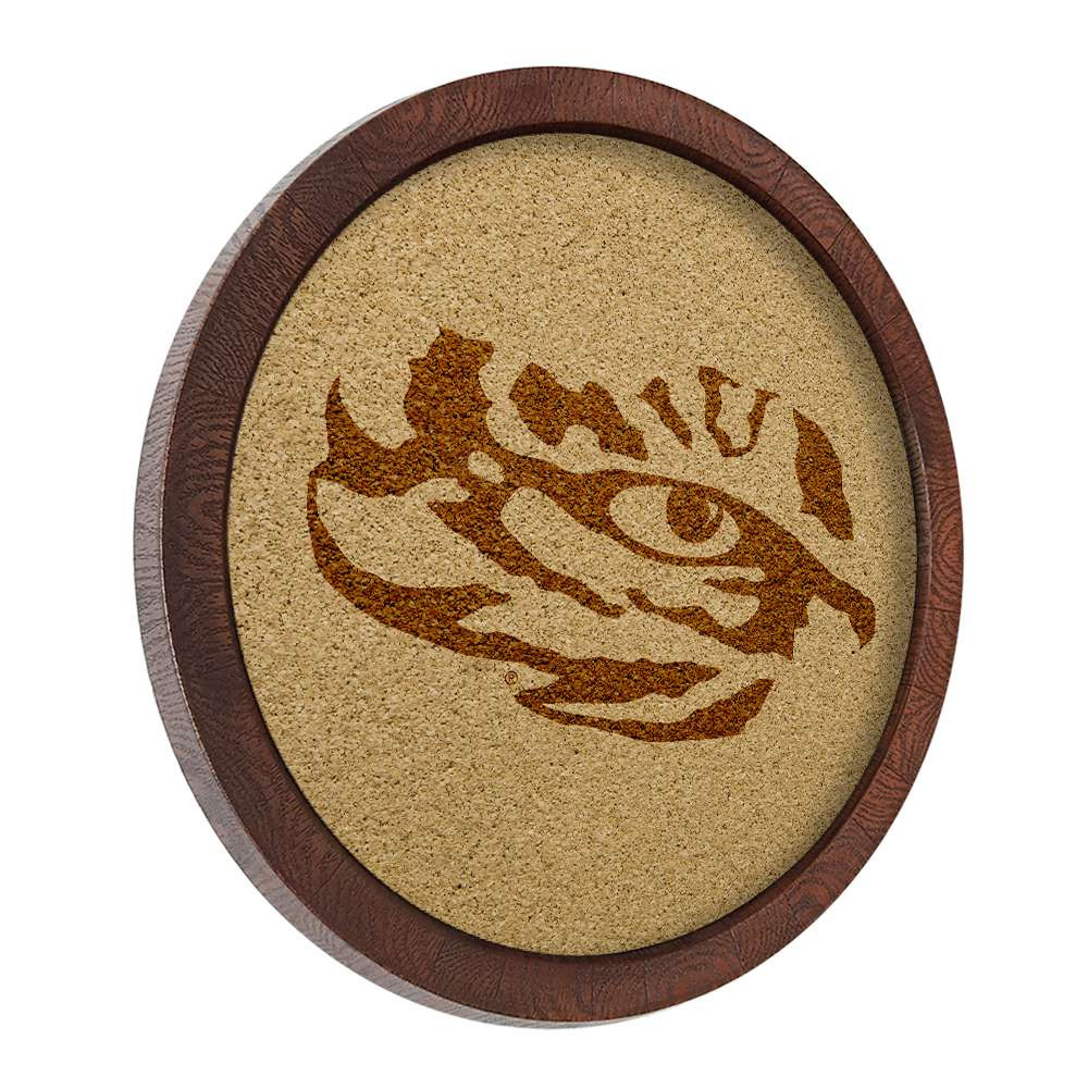 LSU Tigers Tiger Eye - Faux Barrel Framed Cork Board - Monochrome Logo