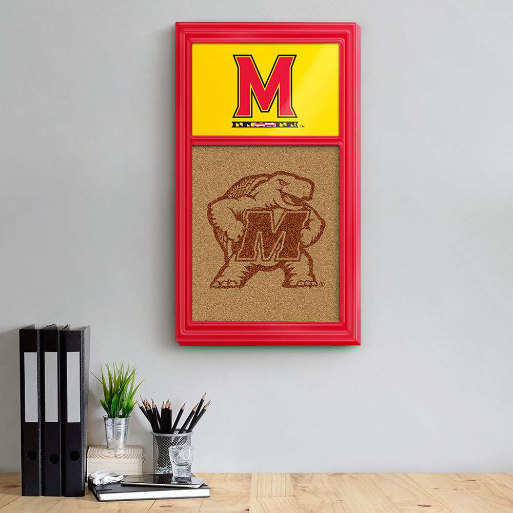 Maryland Terrapins Dual Logo - Cork Note Board - Red Frame / Gold