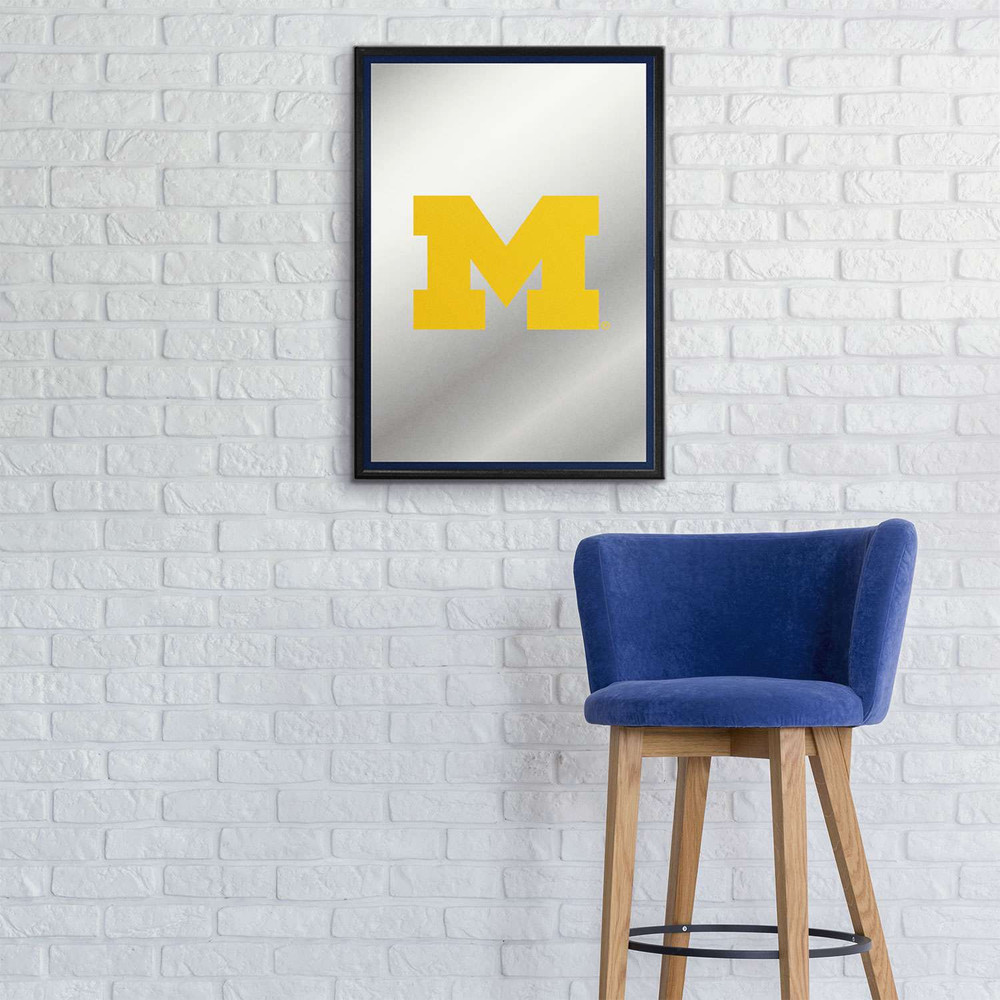 Michigan Wolverines Block M - Framed Mirrored Wall Sign - Blue Edge